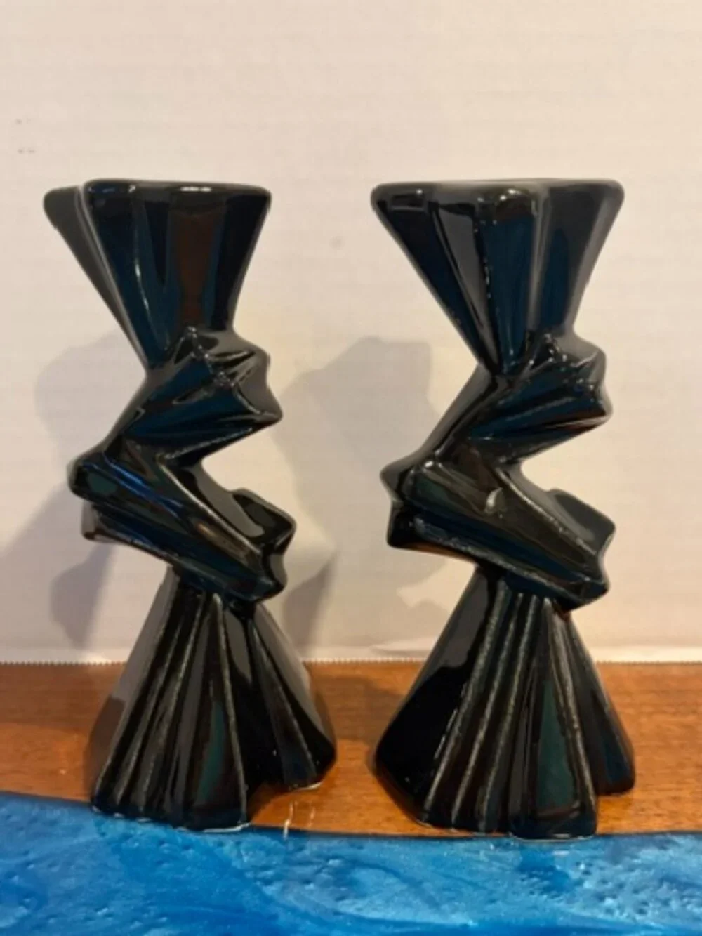 Pair of Black Art Deco Geometric Ceramic Candlestick Holders